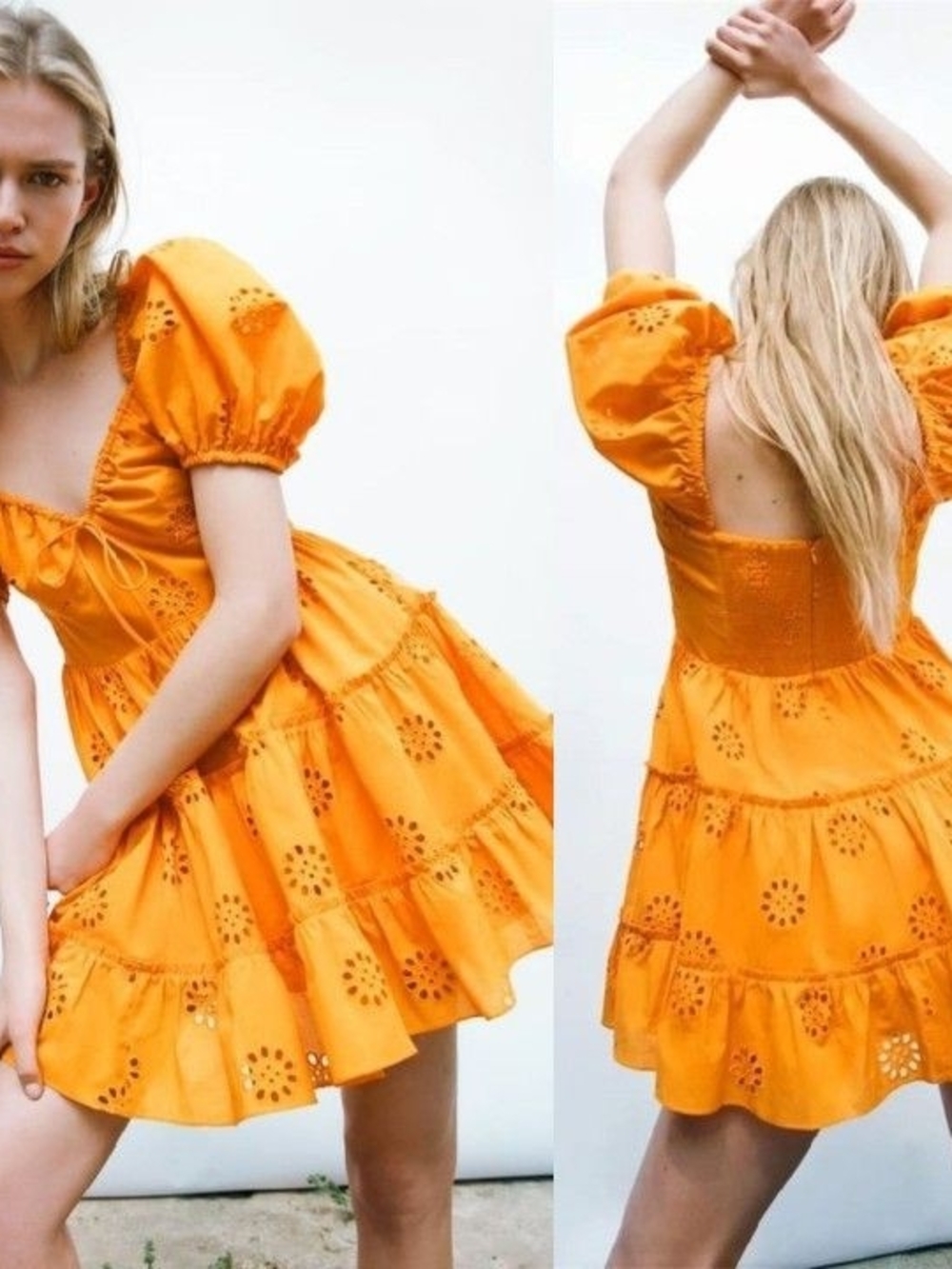 Zara Bright Orange Eyelet Puff-Sleeve Mini Dress Sz Small